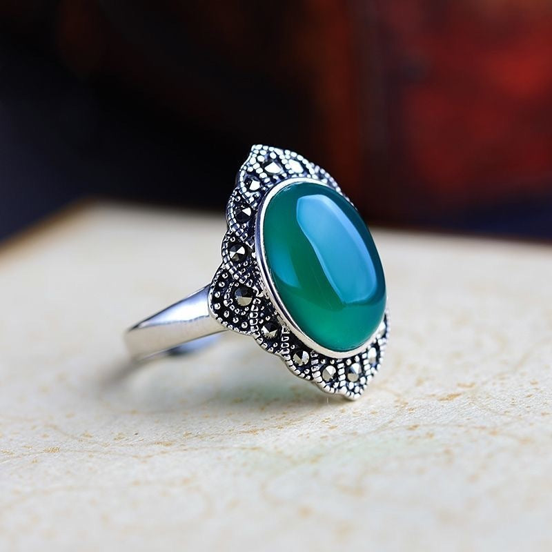 925 Silver Ring Red Jade Retro