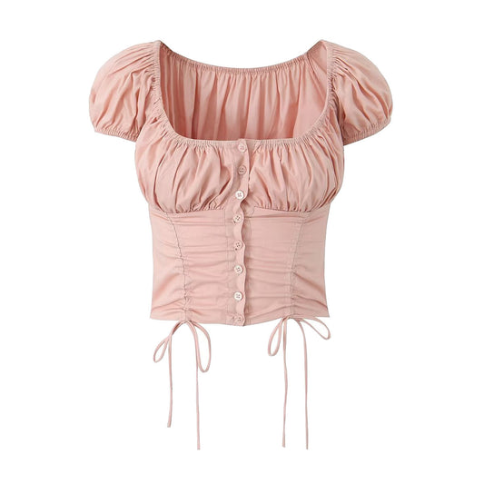 Women's Drawstring Lace Shell Button Fashionable All-match Short Top