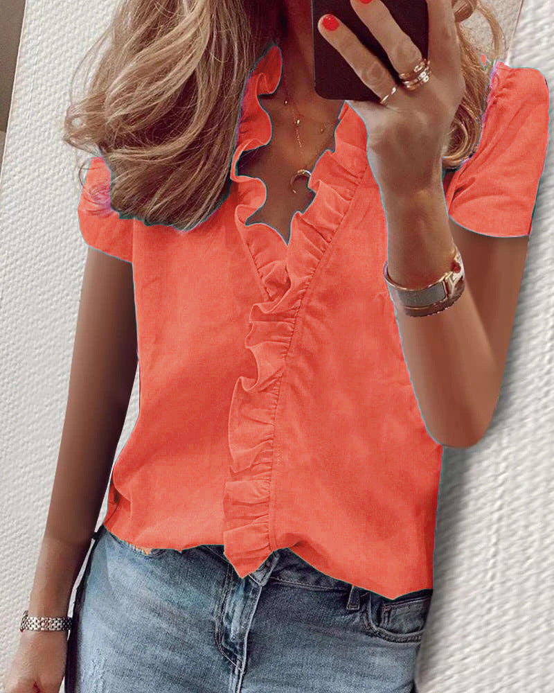 Spring And Summer New Short Sleeved Ruffle Collar Women's Shirt For Business And Leisure Blouse