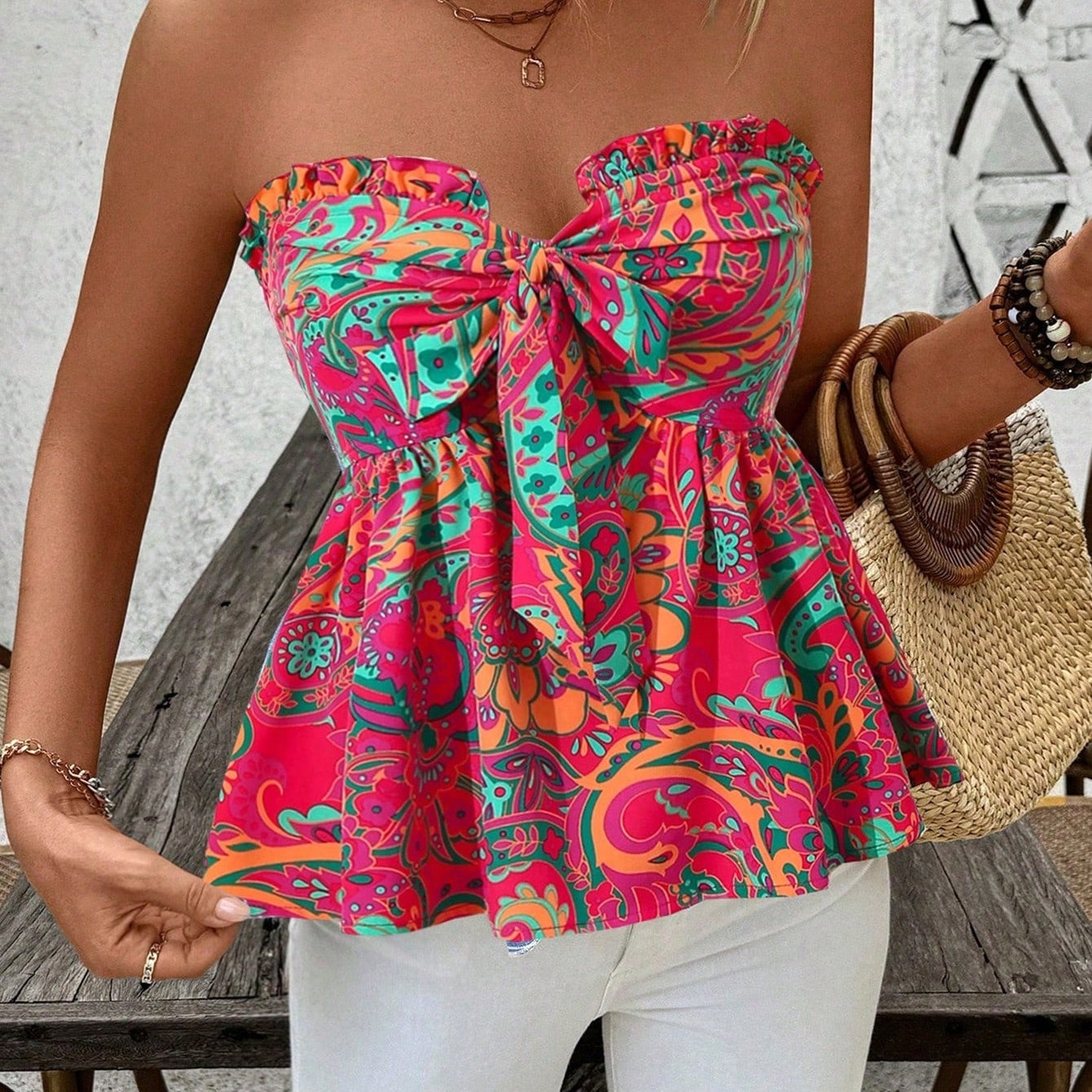 Strapless Cinched Waist Ruffle Hem Floral Printed Vacation Top