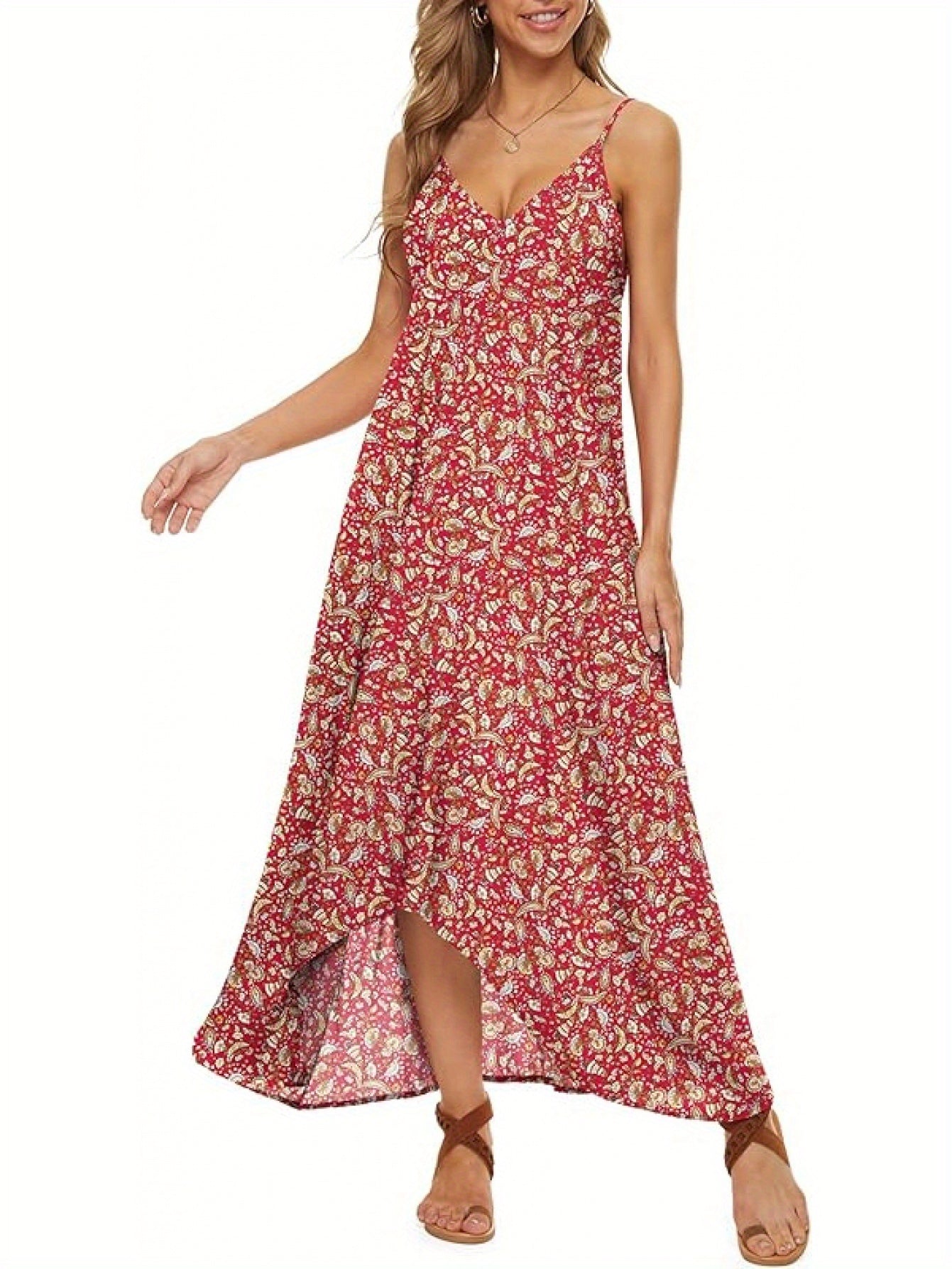Dot Print Thin Shoulder Strap Bohemian Long Skirt