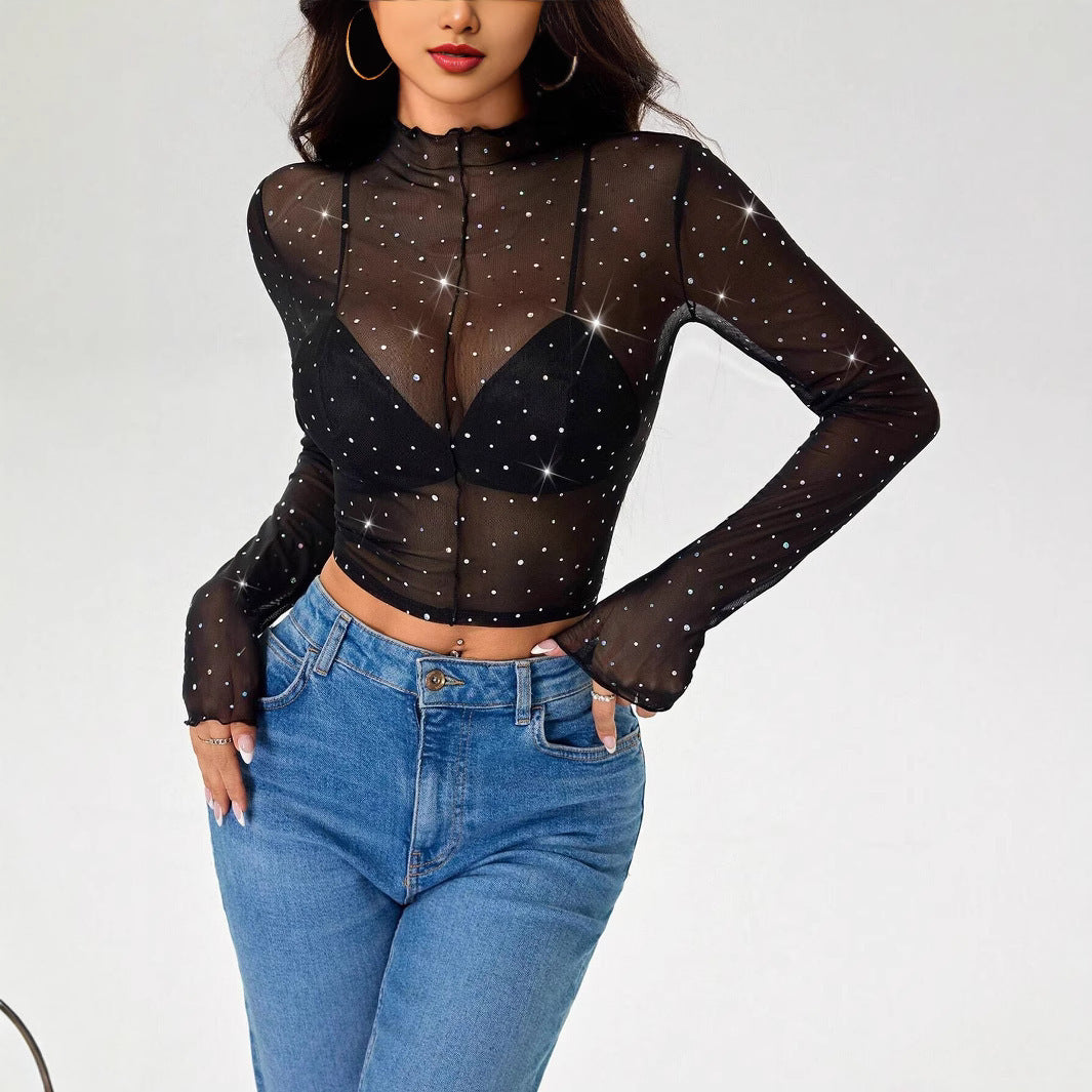 Stand-up Collar Long-sleeved Mesh Transparent Sequined Decorative T-shirt Top