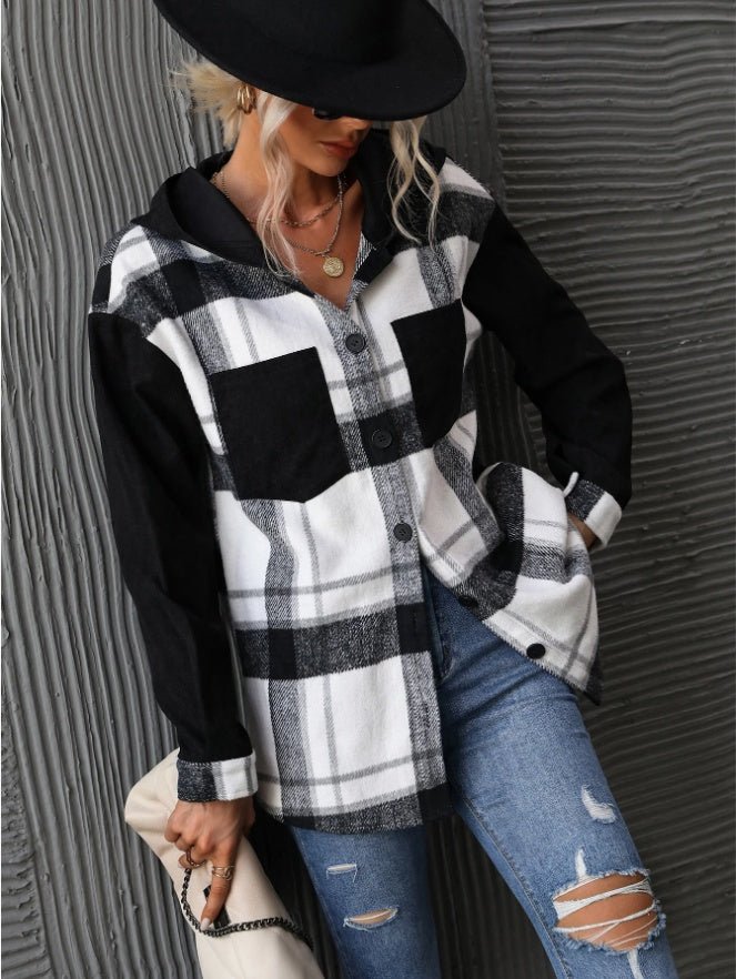 Plaid Print Drop Shoulder Hooded Coat
