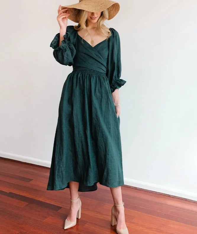 Women's Clothing V-neck Half Sleeves Front And Back Wearable Type Dress