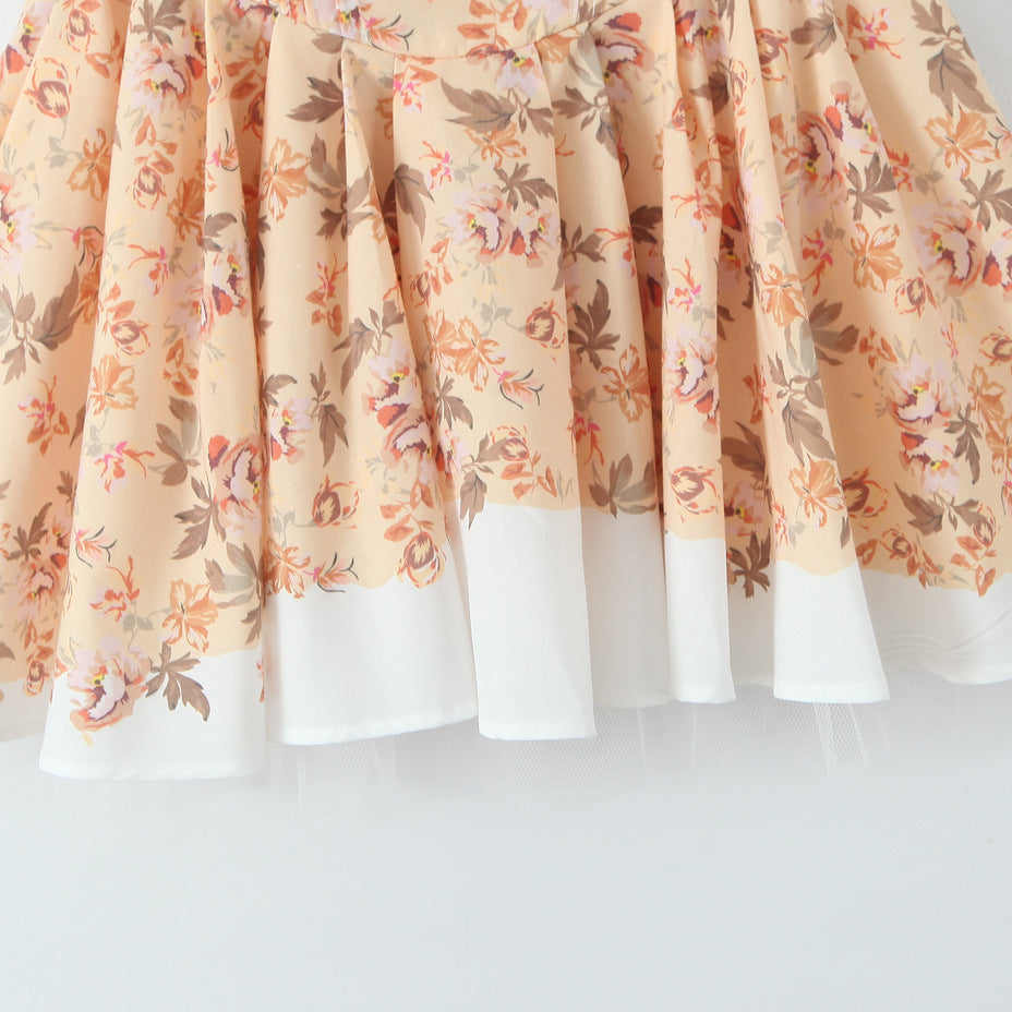 Sweet Slim Fit Pastoral Style Printed Mini Skirt French Deep V Cute Puff Sleeve