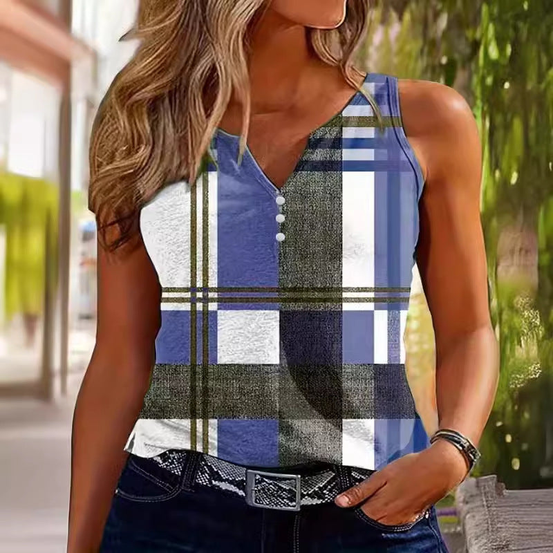 V-neck Buttons Sleeveless 3D Digital Casual Loose Vest