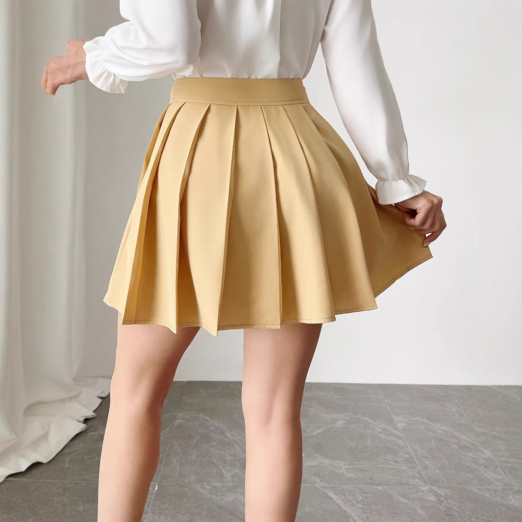 Solid Color Pleated Front Button Design, Women's Temperament Commuting A-line Skirt