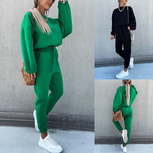 Fashion Solid Color Long-Sleeved Loose Casual Two-Piece Suit