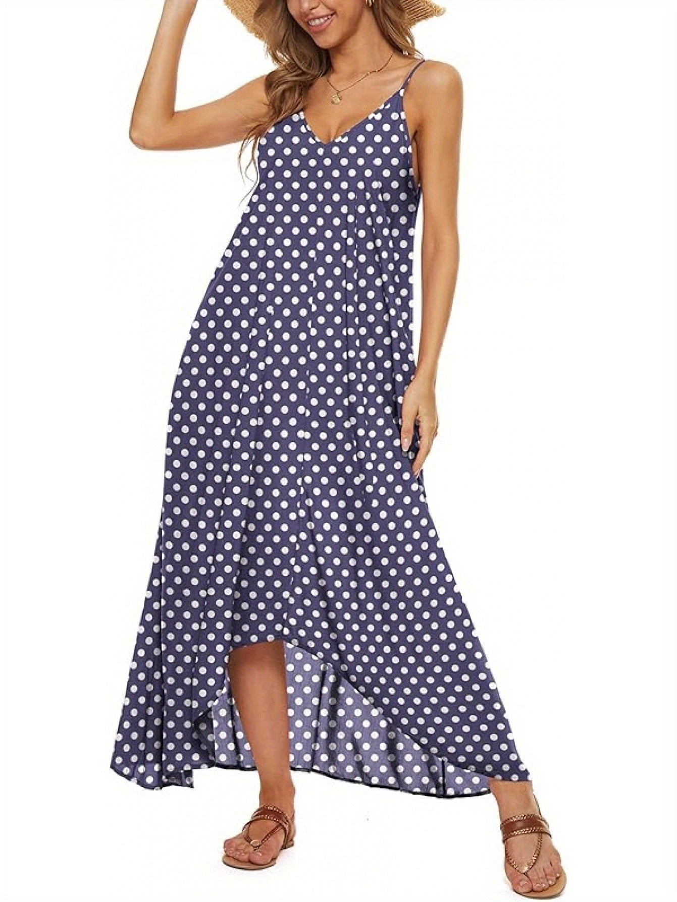 Dot Print Thin Shoulder Strap Bohemian Long Skirt