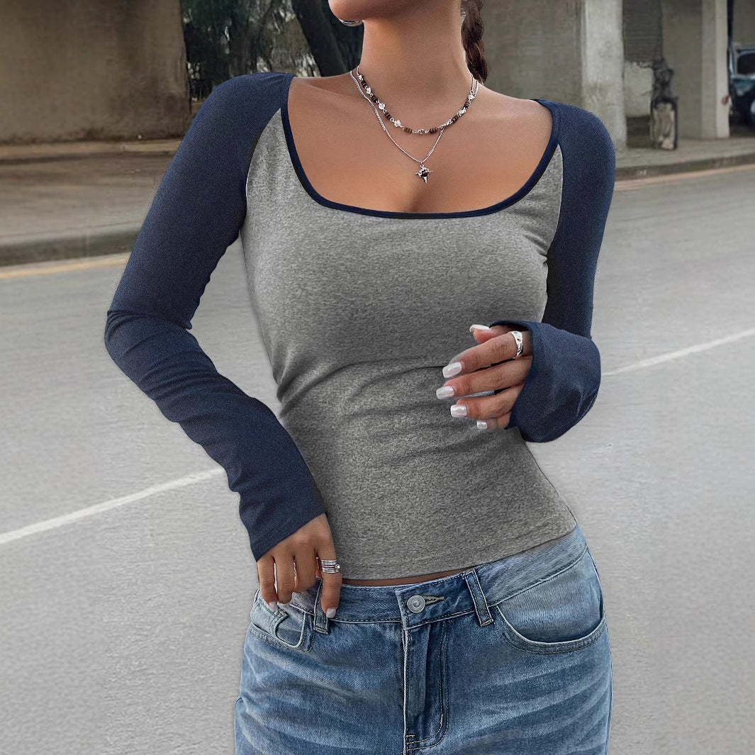 Women's Casual Color Matching Square Collar Long Sleeve T-shirt Spring And Autumn Women's Top