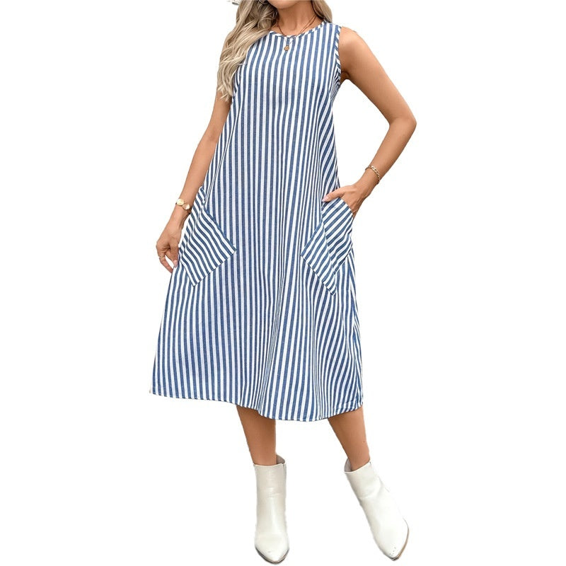 Round Neck Pocket Striped Dress Women