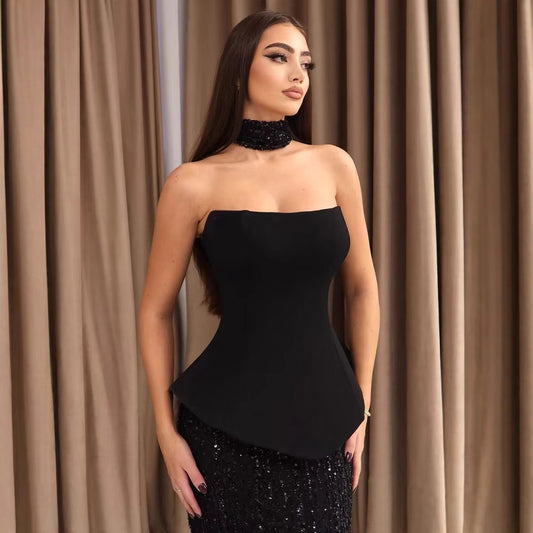 Elegant Scarf Bandage Dress Half-length Sequin Dress Suit