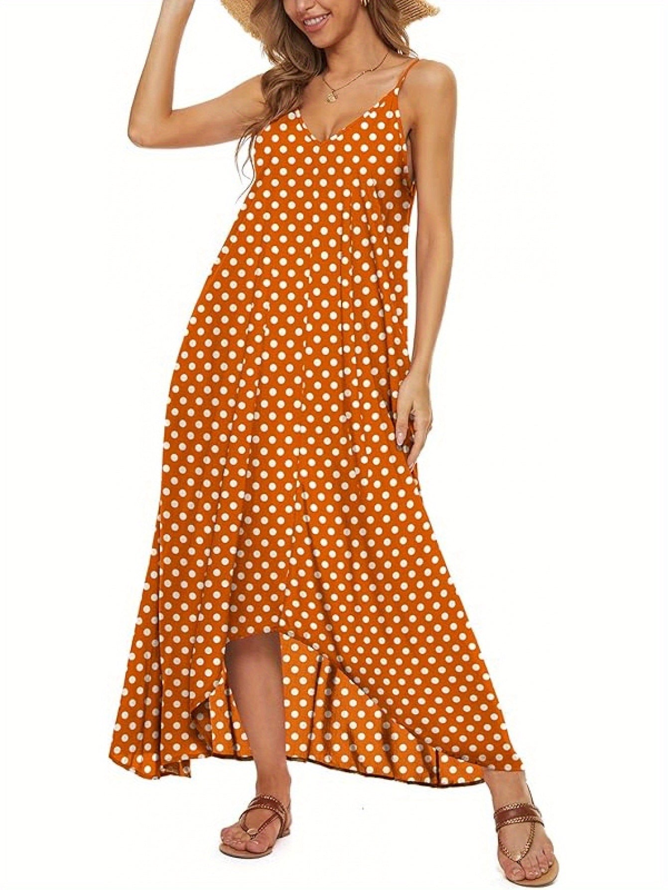 Dot Print Thin Shoulder Strap Bohemian Long Skirt