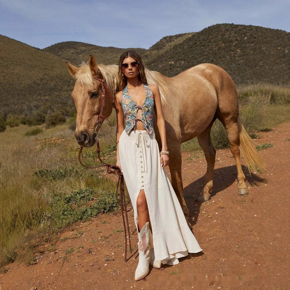 European And American Half-length Solid Color Lace-up Waist-slimming Long Dress