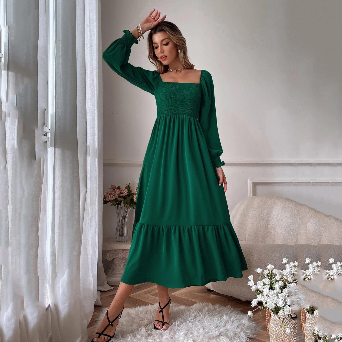 Pullover Square Collar Long Sleeve Ruffled High Waist Tight Temperament Dress