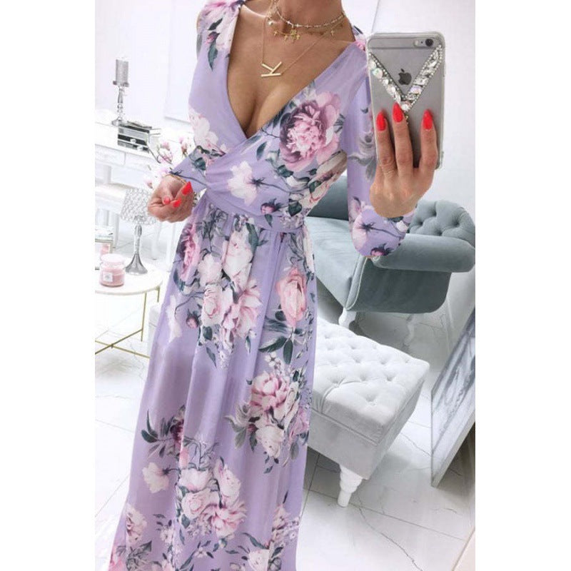 Long Sleeve Chiffon Printed Bohemian Dress Women
