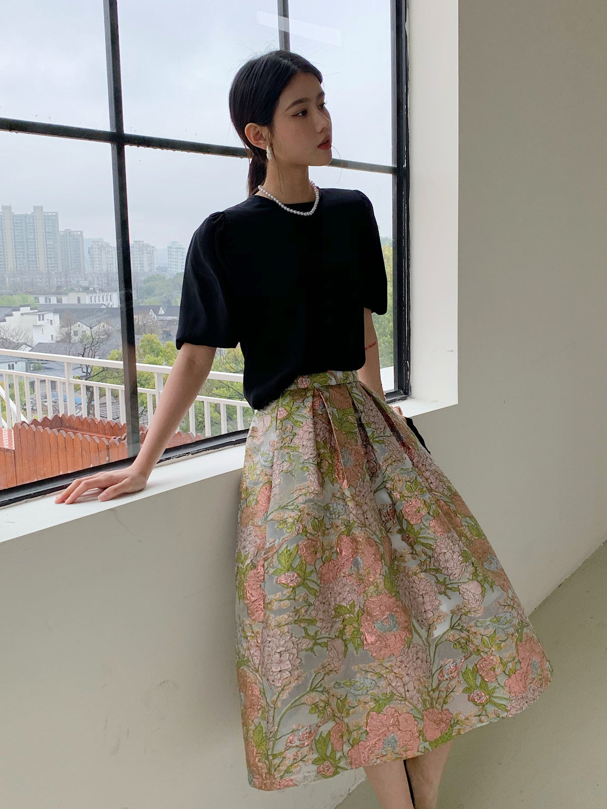 Organza Pettiskirt Embroidered High Waist Midi Skirt