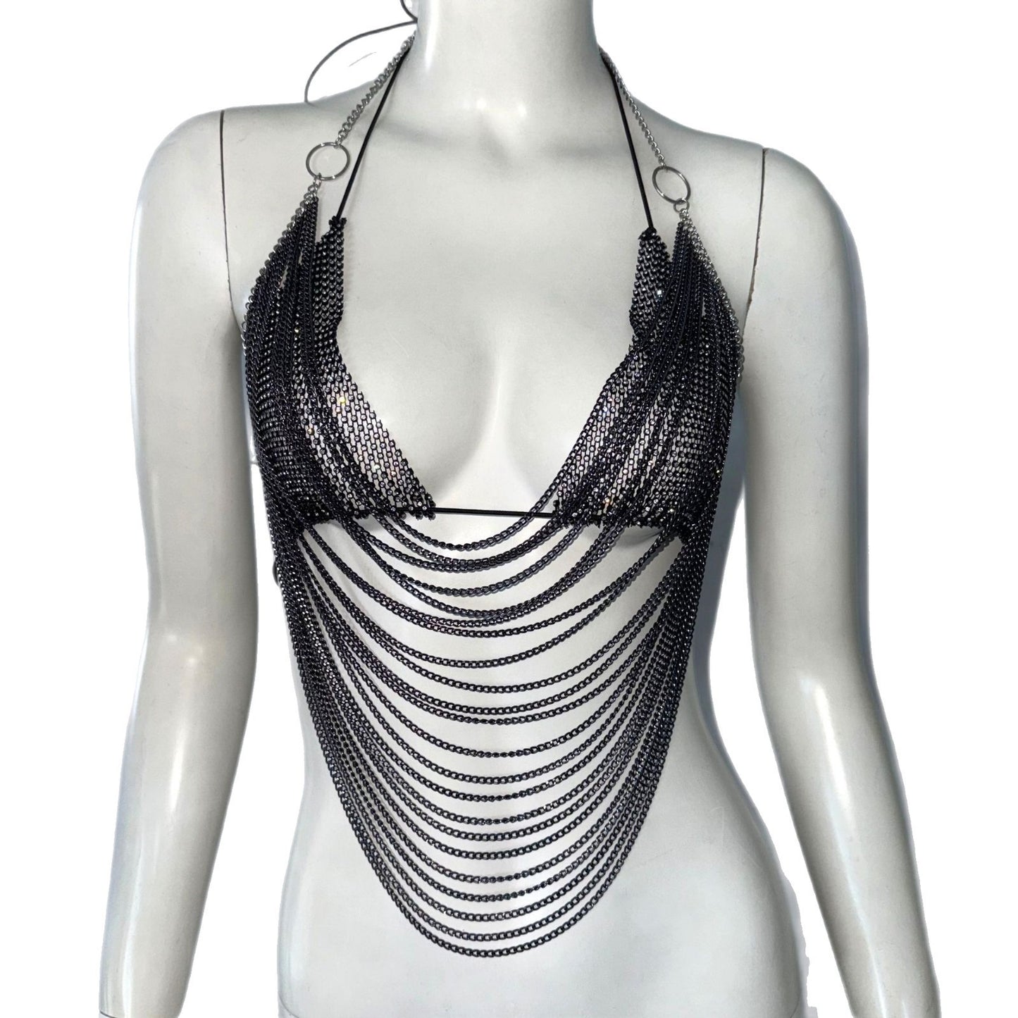 Sling Fishnet Rhinestone Halter Top Metal Decoration Two-piece Set