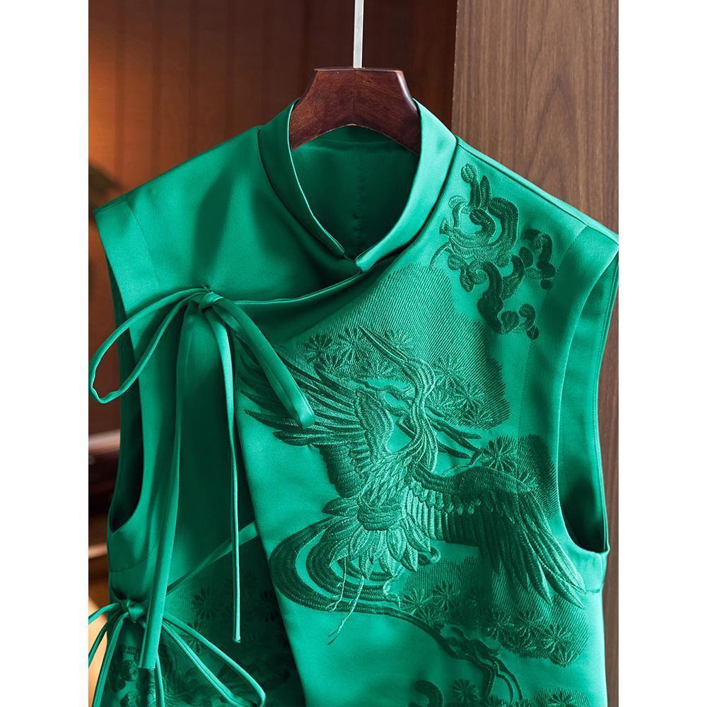 Chinese Style Vest Coat Retro Heavy Industry White Stork Embroidery Tie-neck