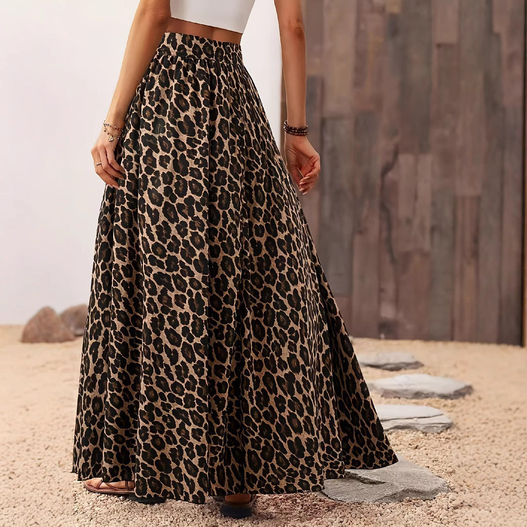 High Waist Midi Skirt Fabric Leopard Print