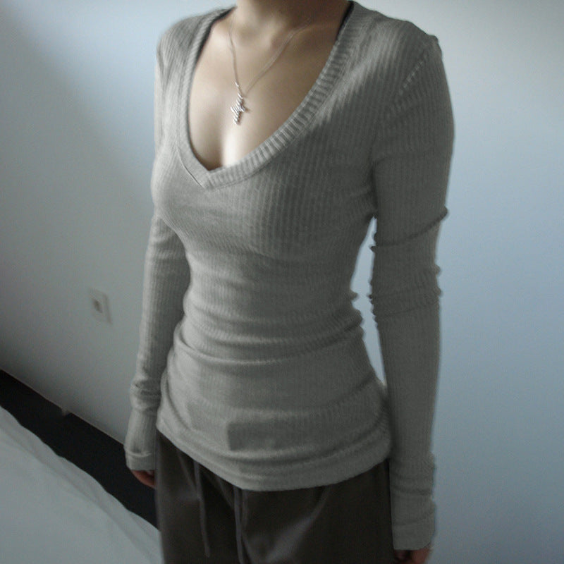American V-neck Top Long Sleeve Shoulder T-shirt