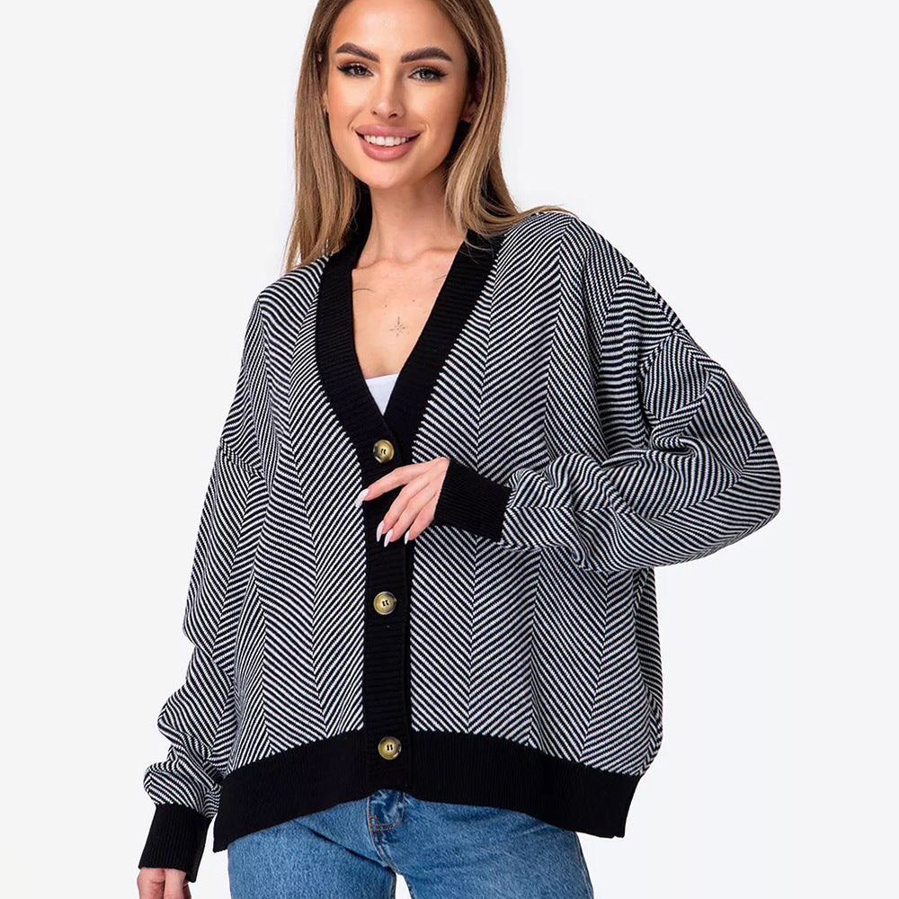 Contrast Striped Sweater Jacket, Long Sleeved Top
