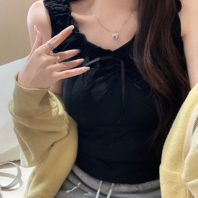 Camisole Wooden Ear Bow Flounce Trim Lace Up Vest For Women