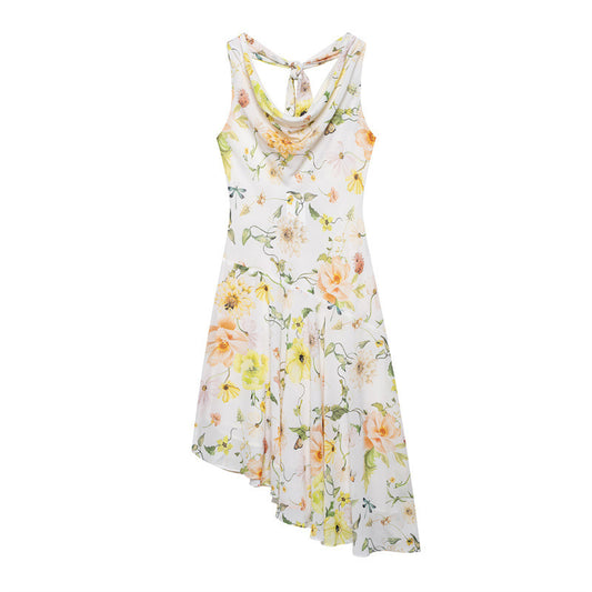 Summer Ethnic Print Irregular Skirt Sleeveless Swing Collar Dress