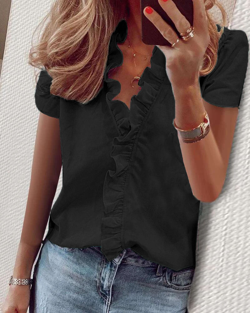Spring And Summer New Short Sleeved Ruffle Collar Women's Shirt For Business And Leisure Blouse