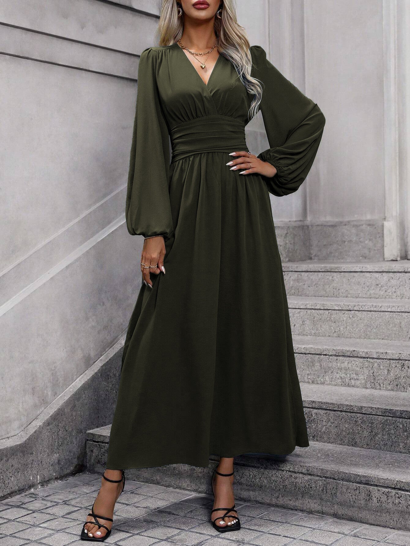 Lantern Sleeve Smocking High Slit Dress