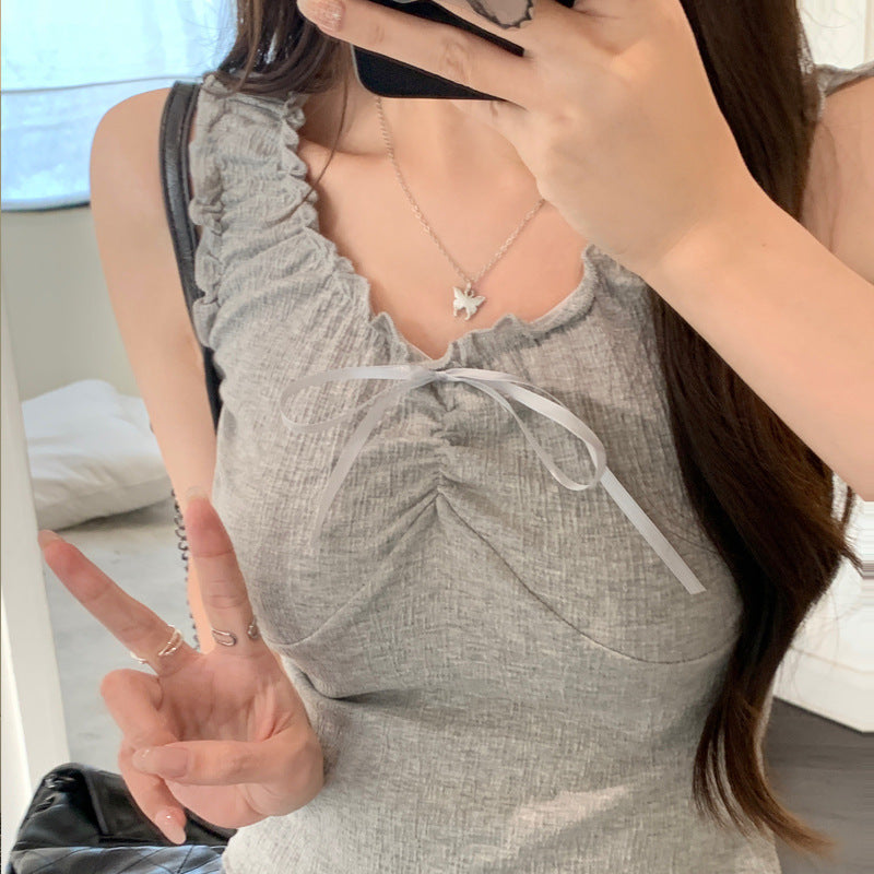 Camisole Wooden Ear Bow Flounce Trim Lace Up Vest For Women