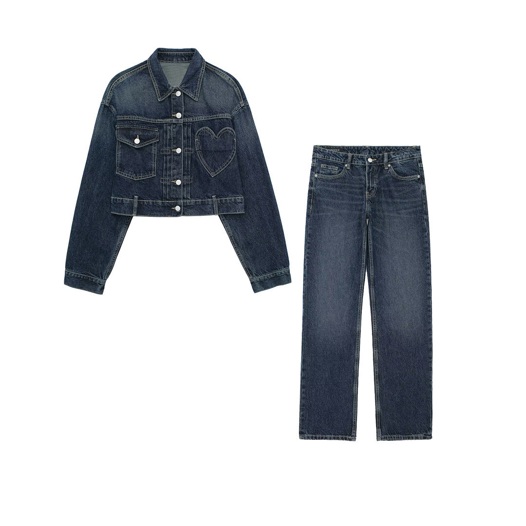 European And American Style Denim Jacket Coat Pants Suit