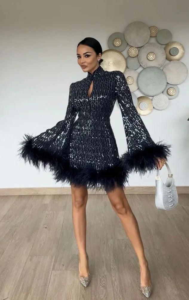 Women's Sexy Button Hollow-out Slim-fit Sequined Fluff Skirt