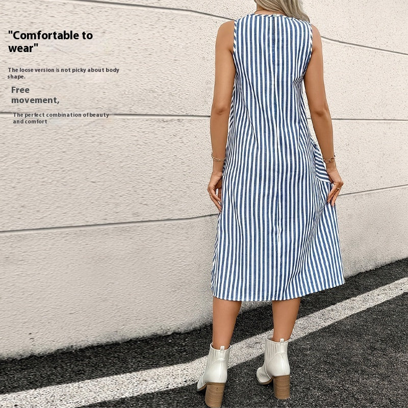 Round Neck Pocket Striped Dress Women