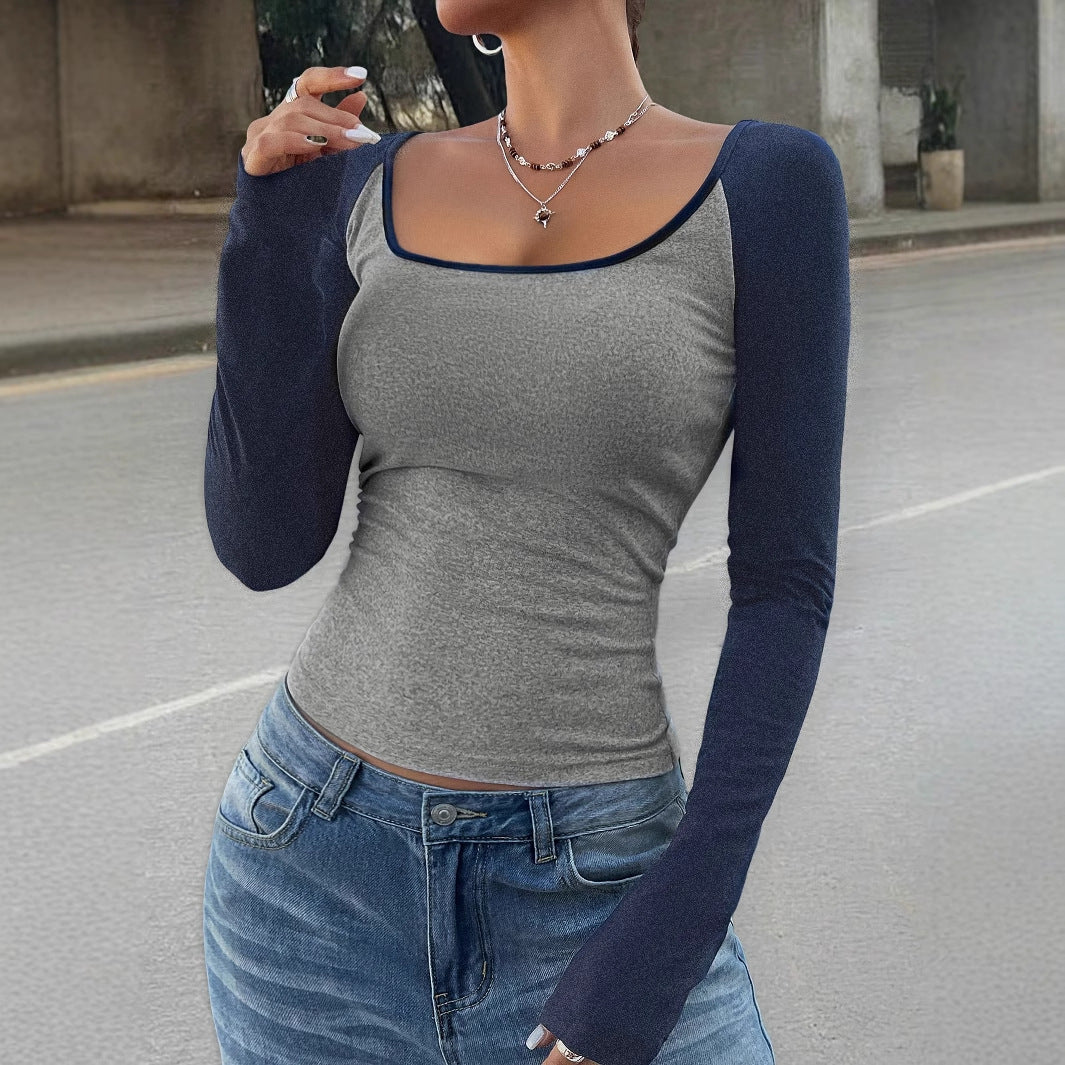Women's Casual Color Matching Square Collar Long Sleeve T-shirt Spring And Autumn Women's Top