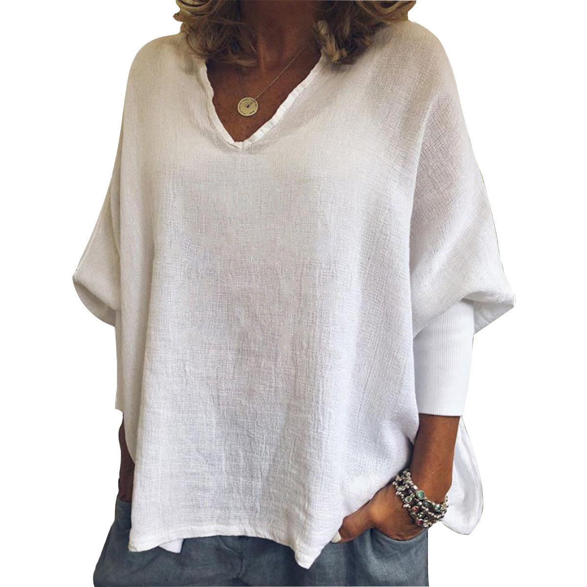 V-neck Solid Color Cotton And Linen Threaded Long Sleeve T-shirt