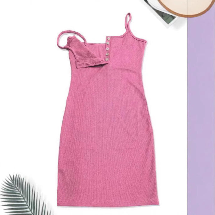 Fashion Low-cut Off-the-shoulder Thread Button Hip Elastic Slim Strap