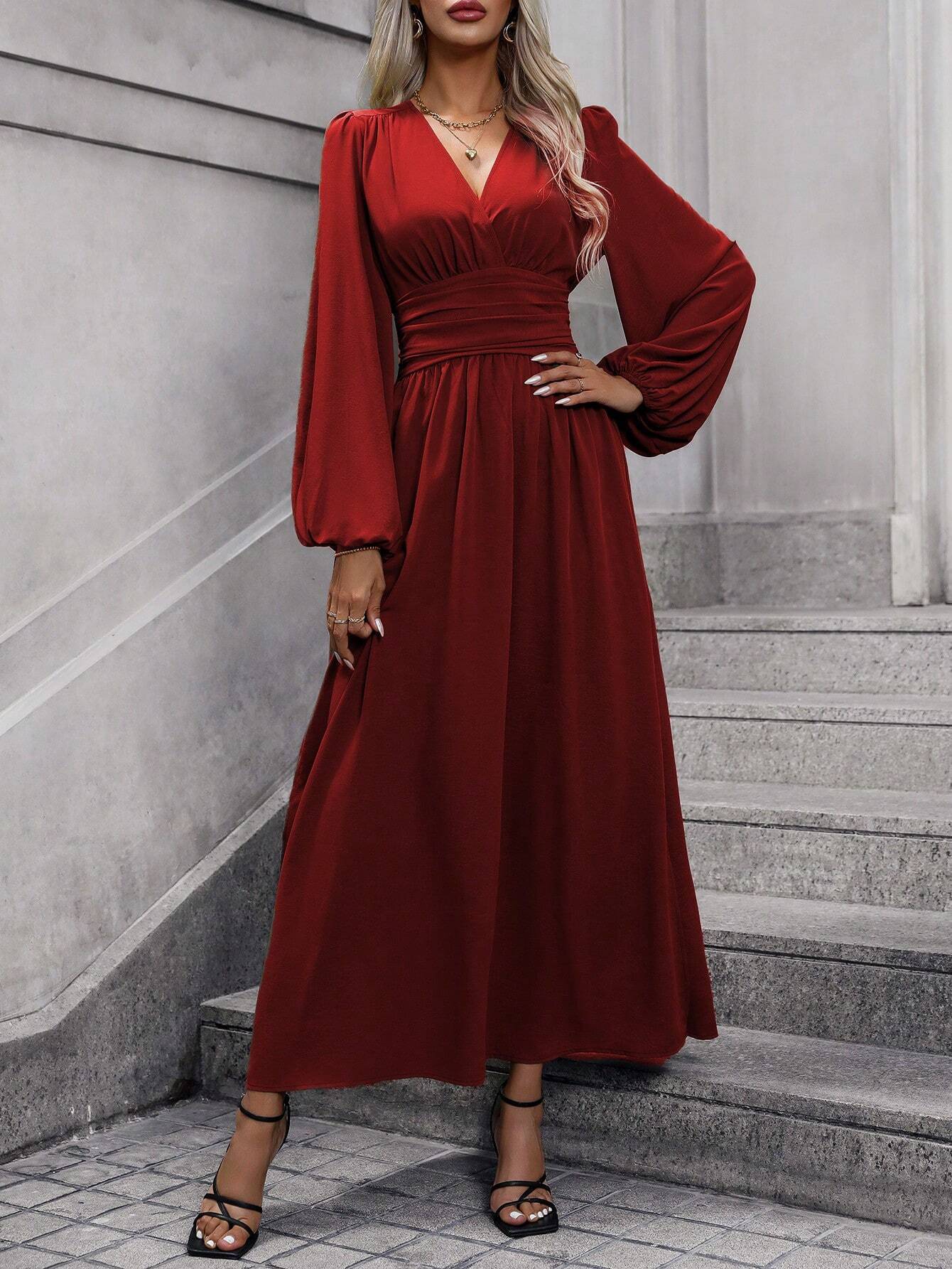 Lantern Sleeve Smocking High Slit Dress