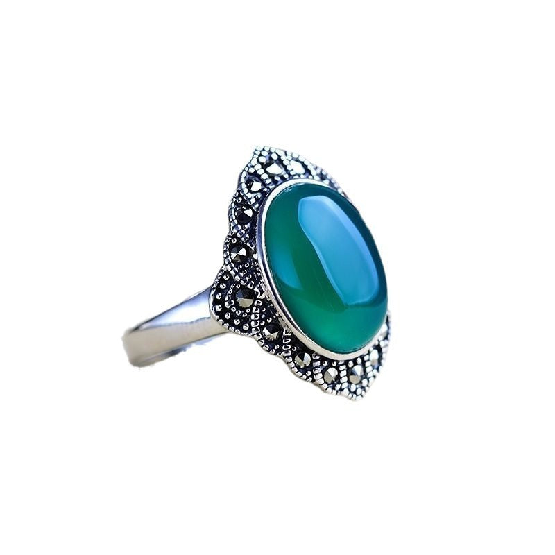 925 Silver Ring Red Jade Retro