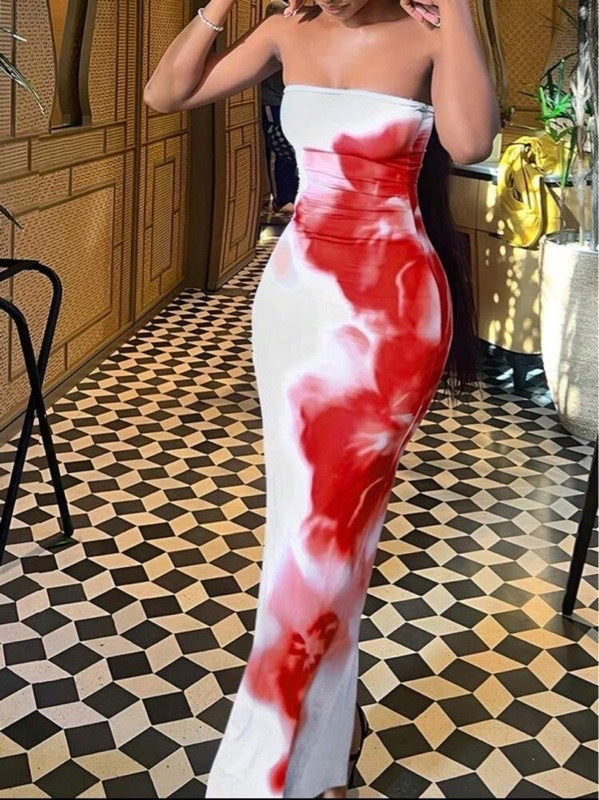 Contrast Color Floral Sexy Tube Top Dress