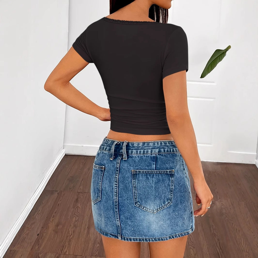 Solid Color Women's Slim Fit Lace Patchwork Tie Short Sleeved Shirt