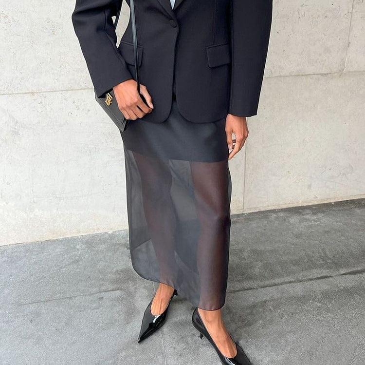 Black Mesh See-through High Waist Slit Sheath Skirt