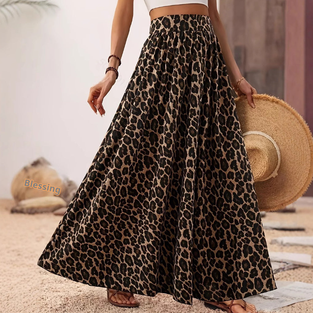 High Waist Midi Skirt Fabric Leopard Print