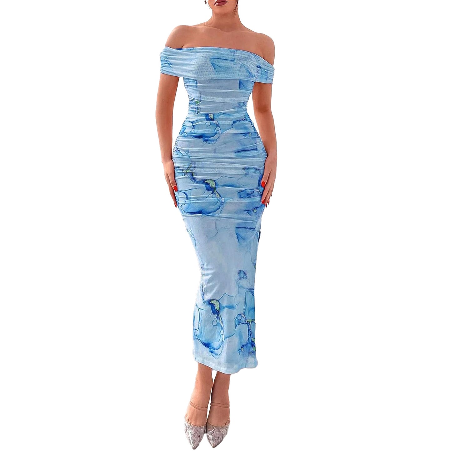 European And American Sexy Slit Slim-fitting Sheath Print Dress Pleated